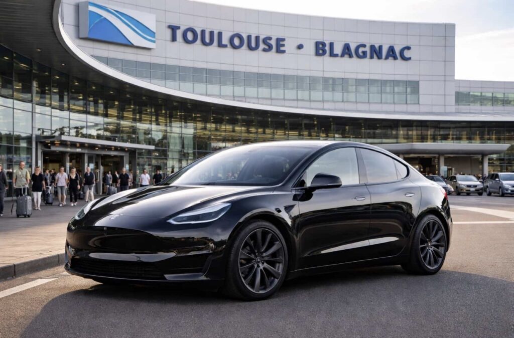 Tesla à l'Aéroport Toulouse-Blagnac : Luxe et Confort Tesla noire stationnée devant l'aéroport Toulouse-Blagnac. Voyageurs avec bagages en arrière-plan.