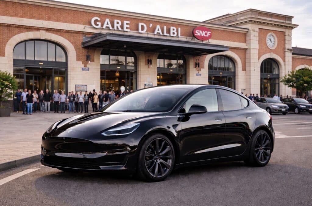 Tesla Noire devant la Gare d'Albi SNCF en France Tesla noire stationnée devant la façade de la Gare d'Albi SNCF avec des passants.